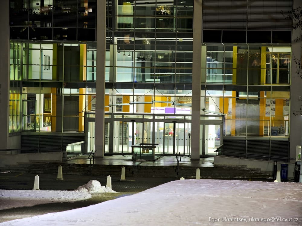 Building at night with snow
