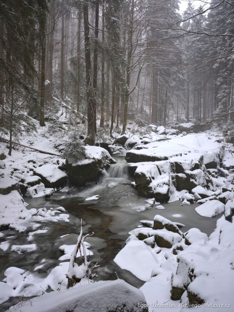 Snowy river in the woods