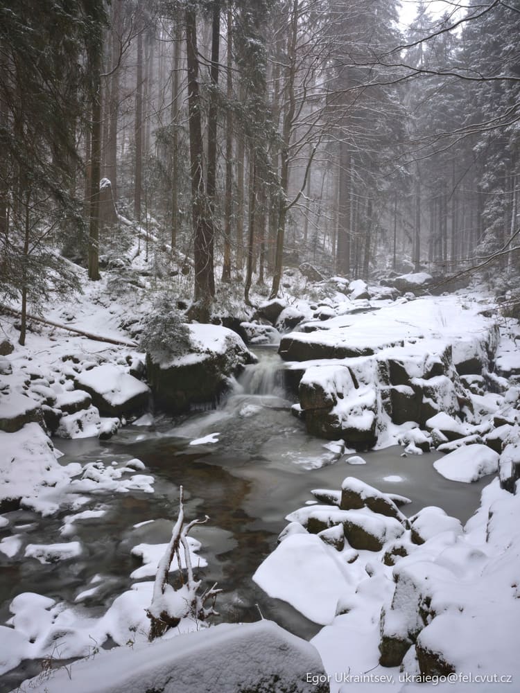 Snowy river in the woods