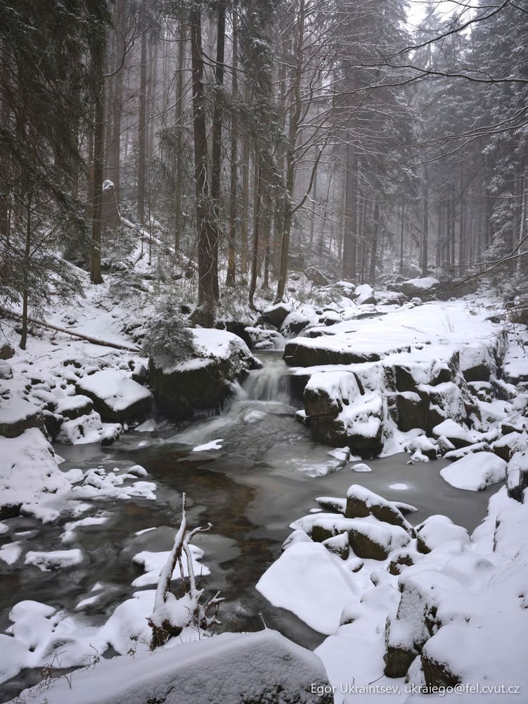 Snowy river in the woods