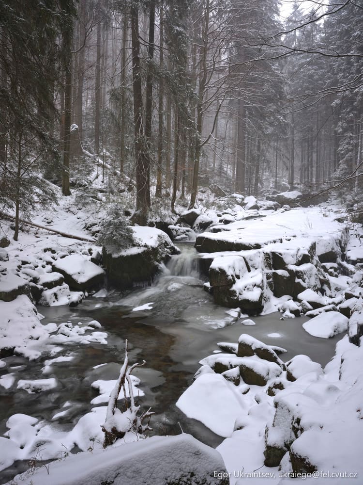 Snowy river in the woods