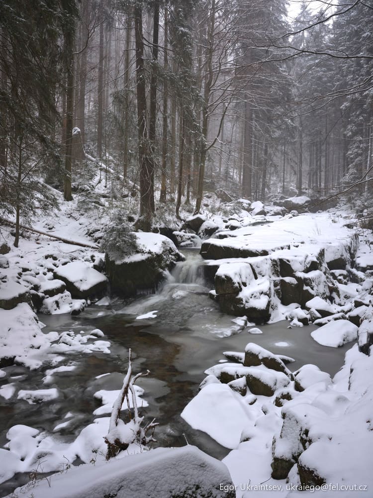 Snowy river in the woods