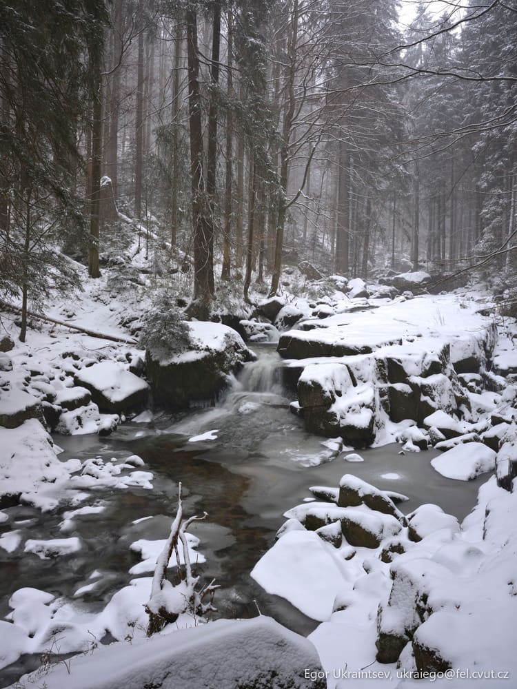 Snowy river in the woods