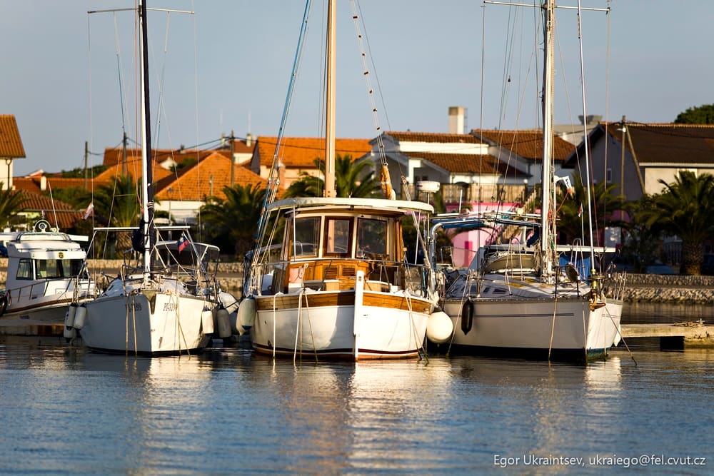 Boats docked at a marina