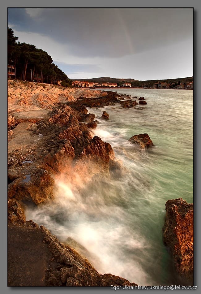 Rocky beach at sunset