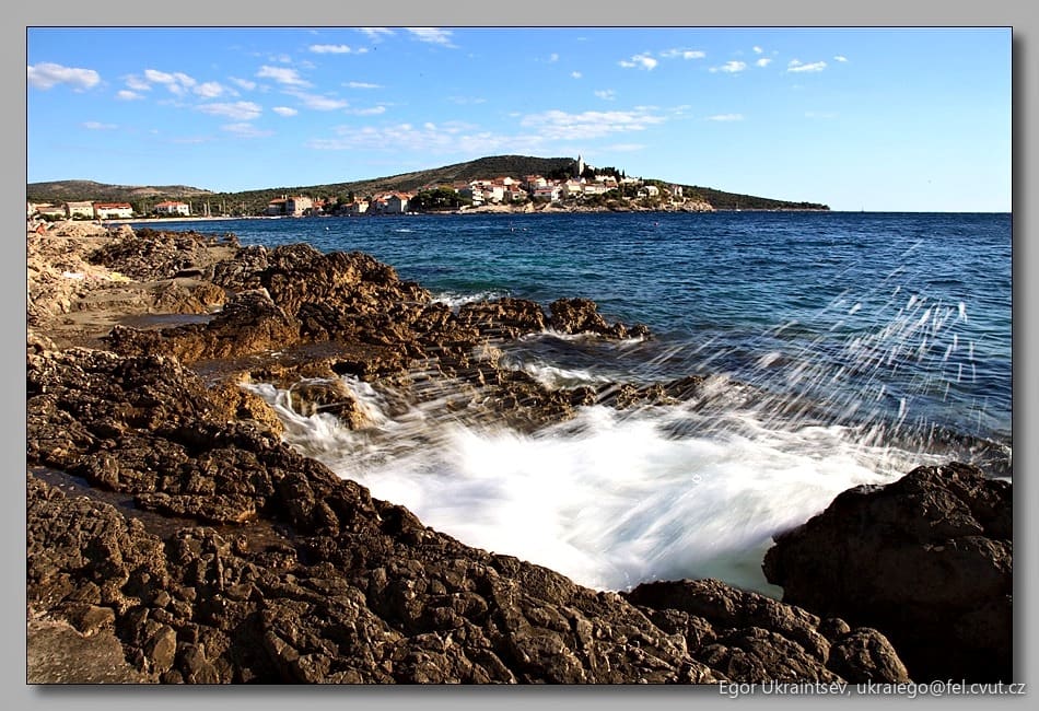 Rocky beach with waves crashing