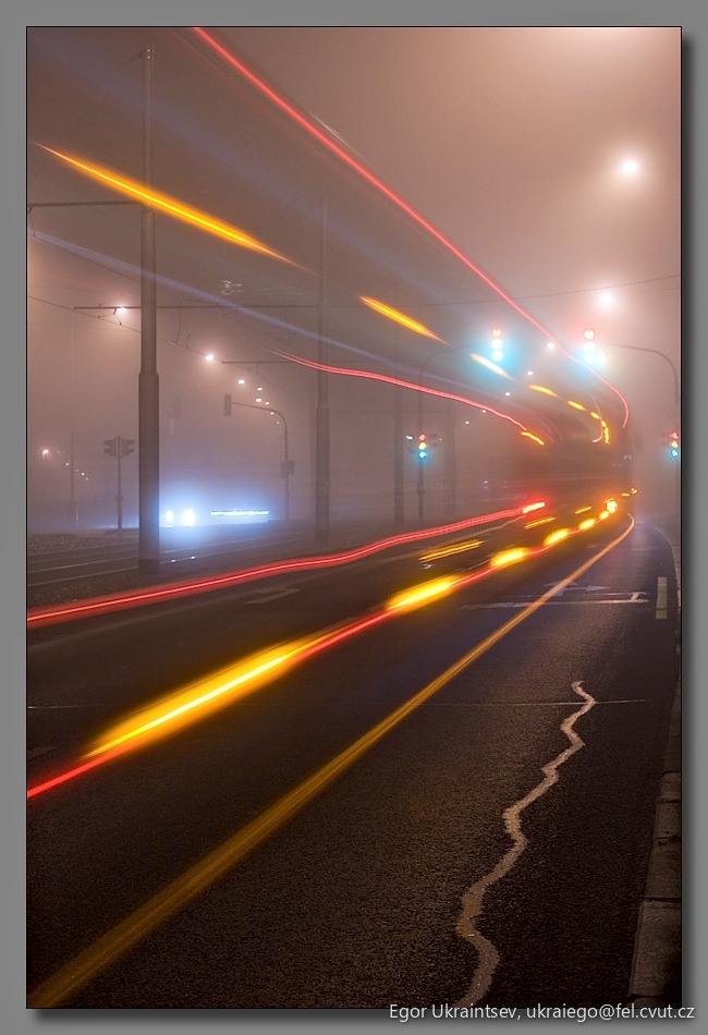 Light trails on a foggy