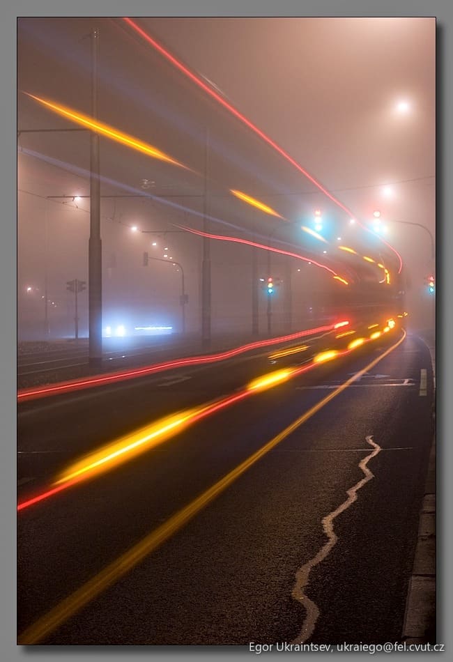 Light trails on a foggy