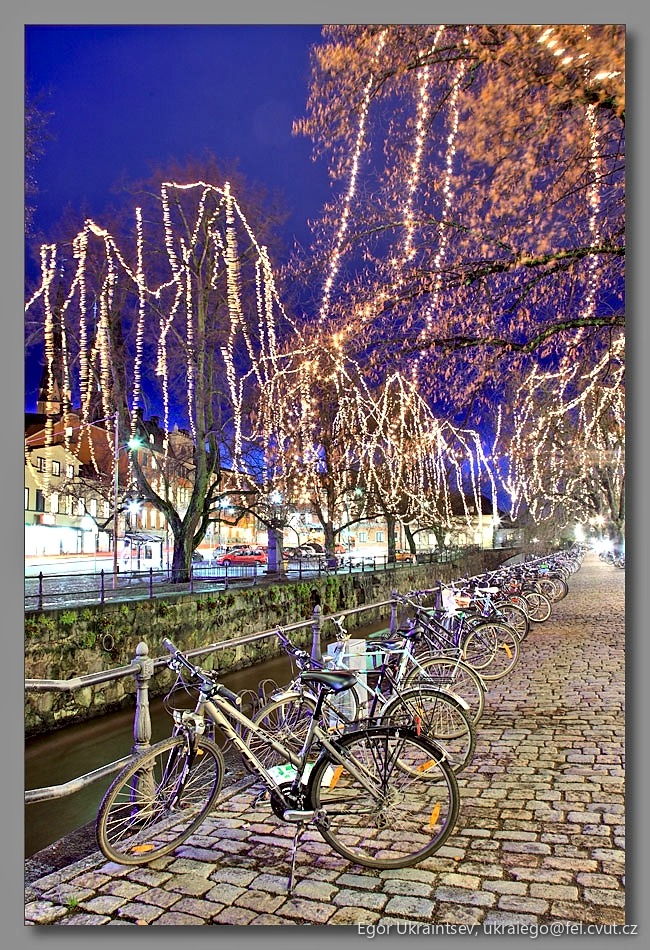 Bicycles parked along a canal