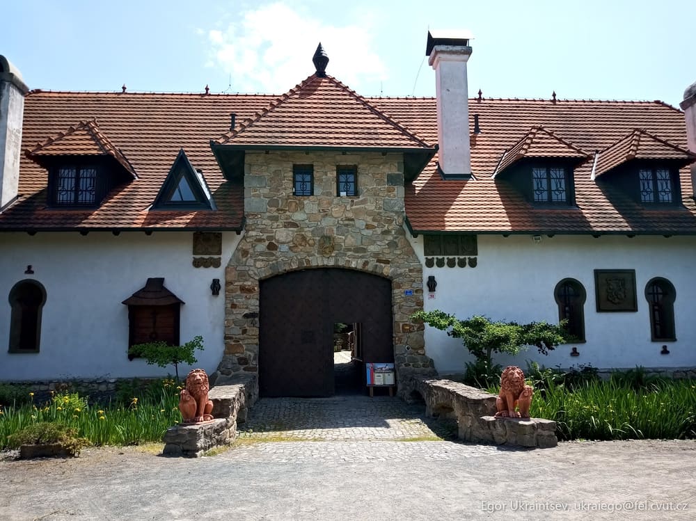 Stone house with a red