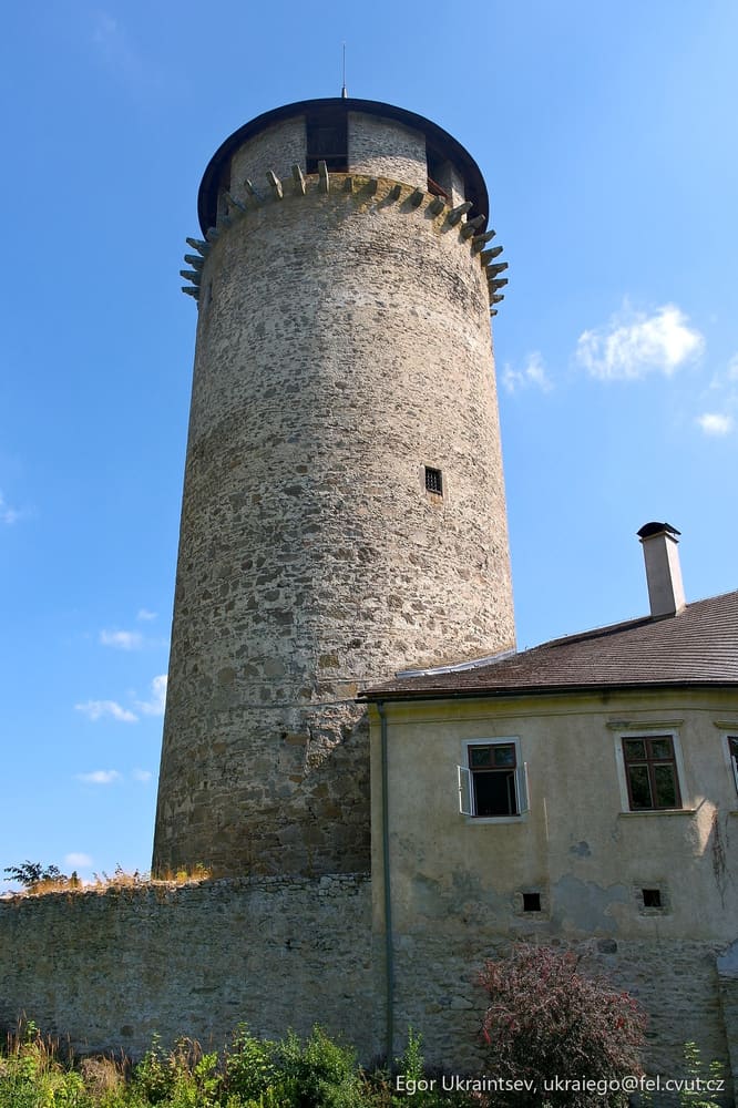 Stone tower with a blue