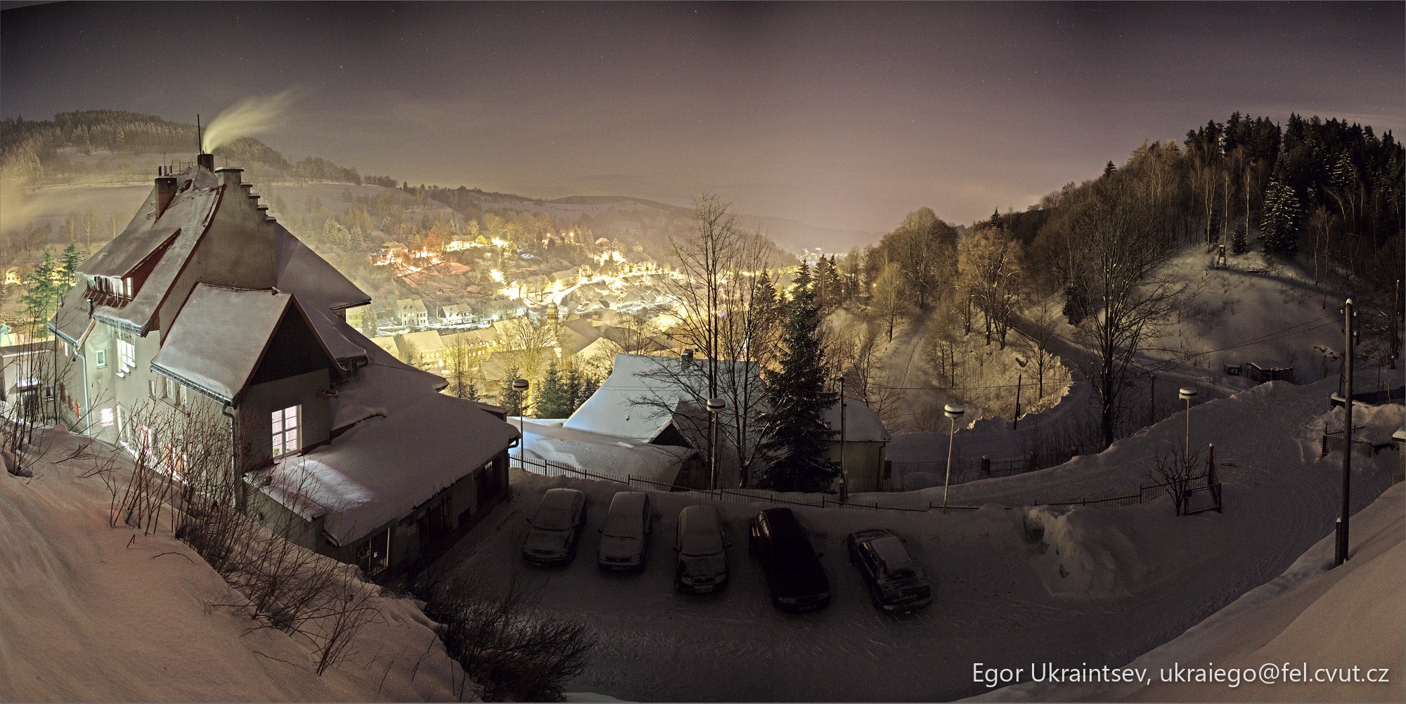 Snowy village at night · Night Jachymov